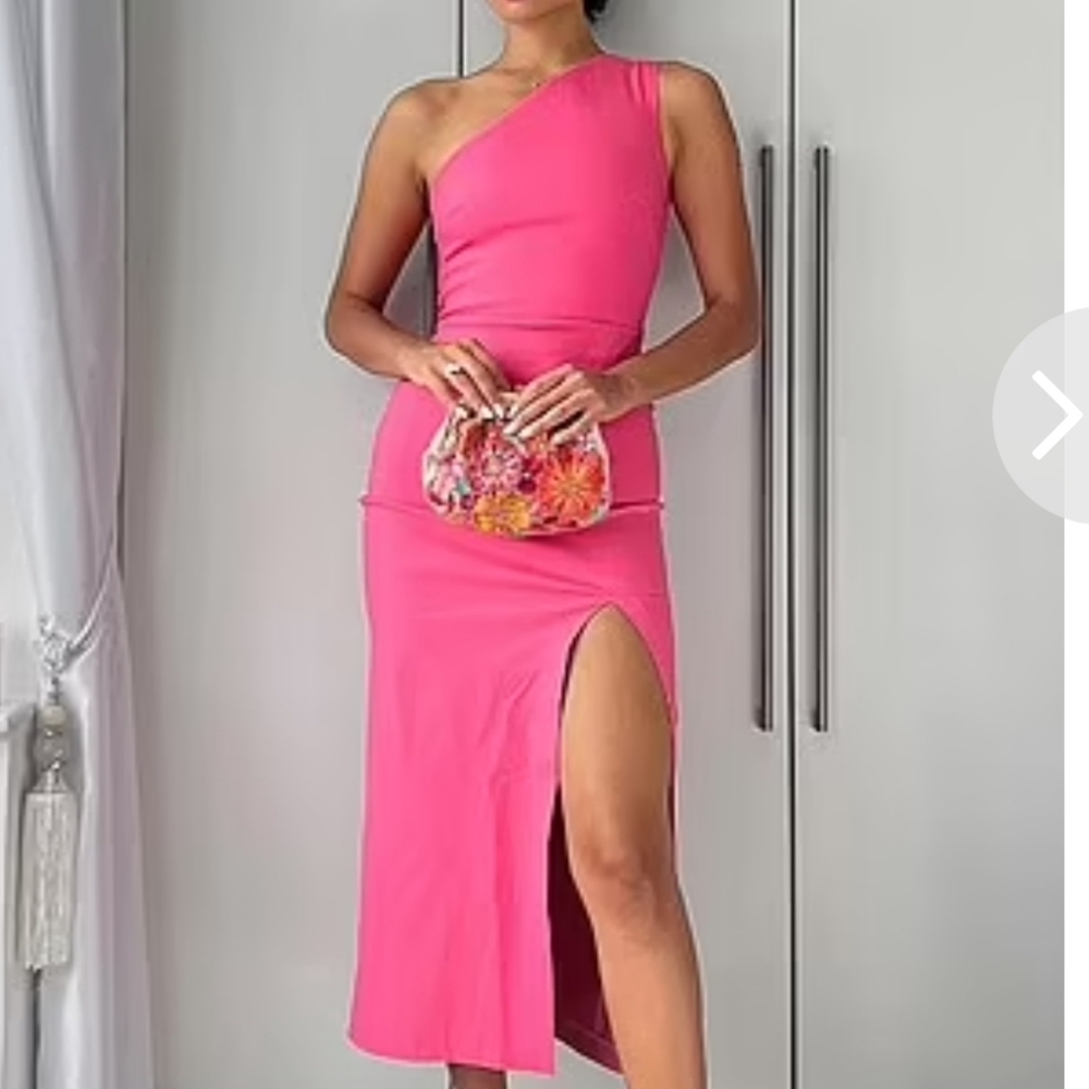 Vesper 247 Gianna‎ Pink One Shoulder Midi Dress Size 8 NWT
